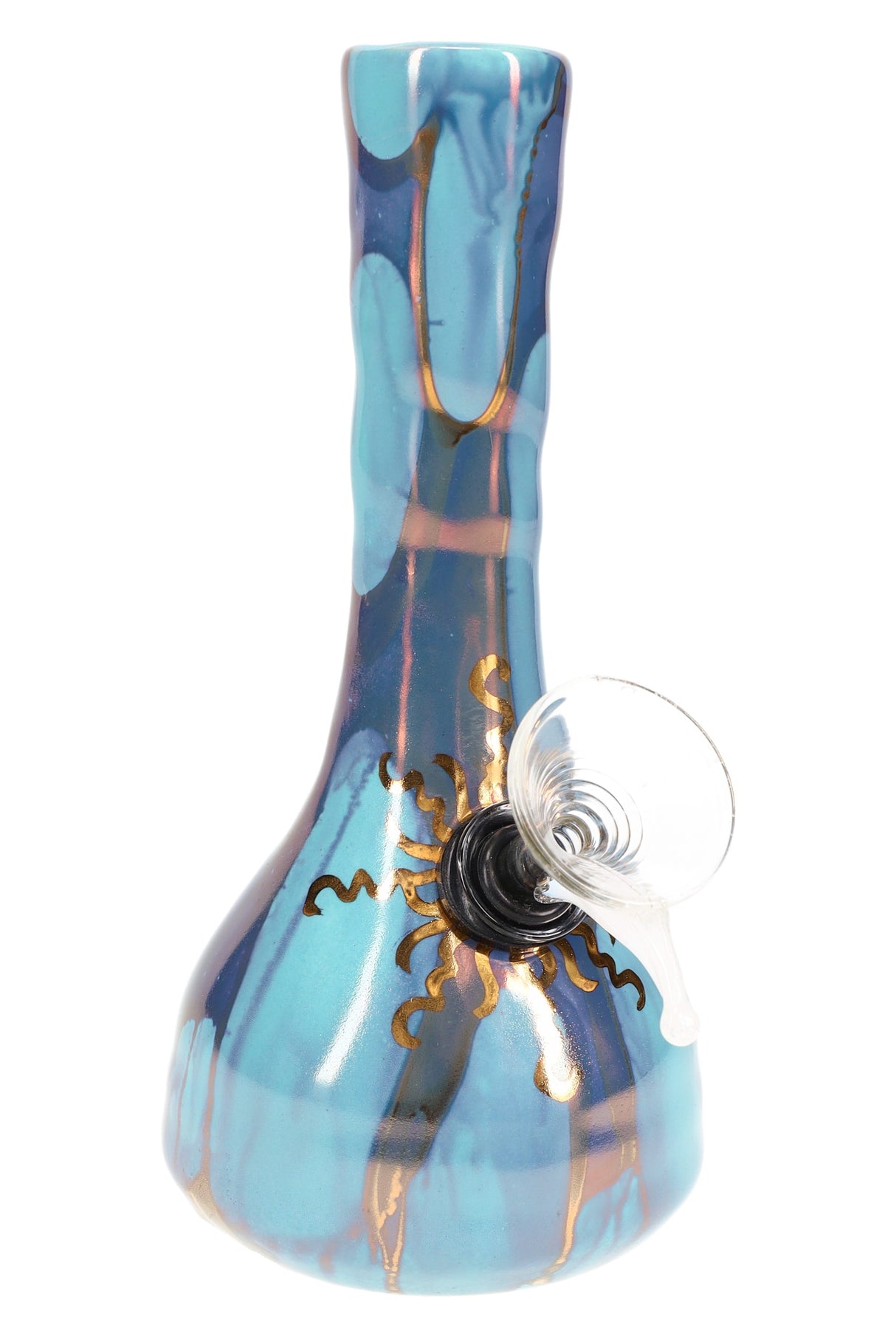 Turquoise blue 6″ ceramic beaker bong with swirling marbled finish and gold sunburst at the downstem area.
