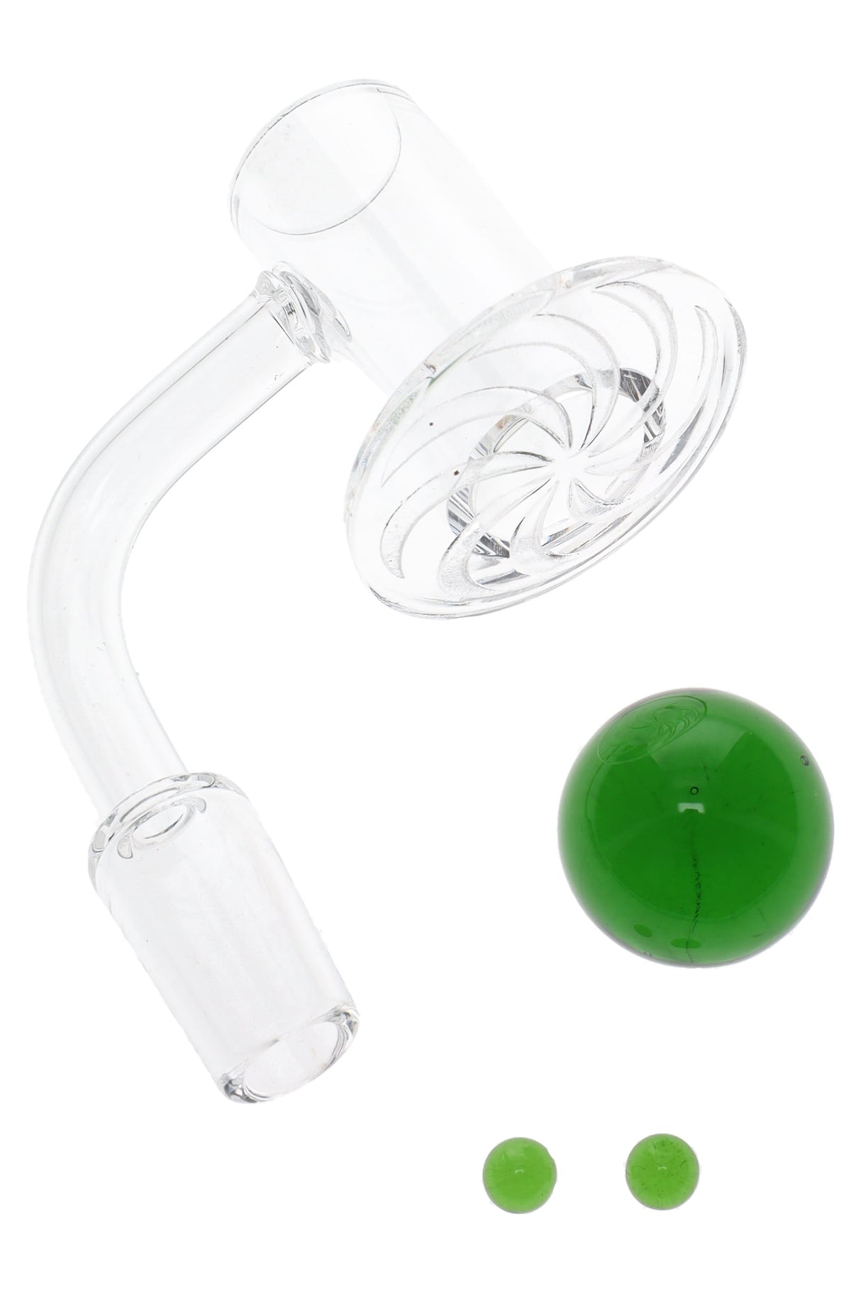 Quartz terp slurper banger with spiral tray, 14.5 mm male joint, shown with green 22 mm marble and two 6 mm pearls.