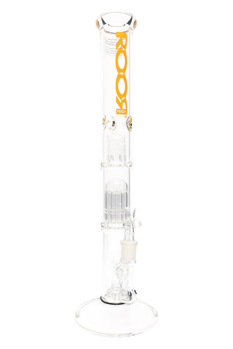 Clear ROOR Tech 18″ straight tube bong with stemless 18.8 mm joint, dome, 10-arm tree and stemline showerhead percs, ice pinch, flat base, orange decal.