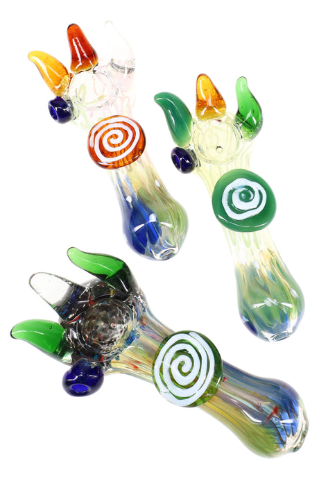 5″ color-changing silver fumed spiked glass hand pipe with neon squiggle or frit bowl and marble center accent; approx. 130 g; pipe only.