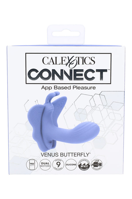 Lilac Venus Butterfly wearable vibrator with insertable stem, fluttering wings and app-controlled dual motors, displayed in Connect retail box