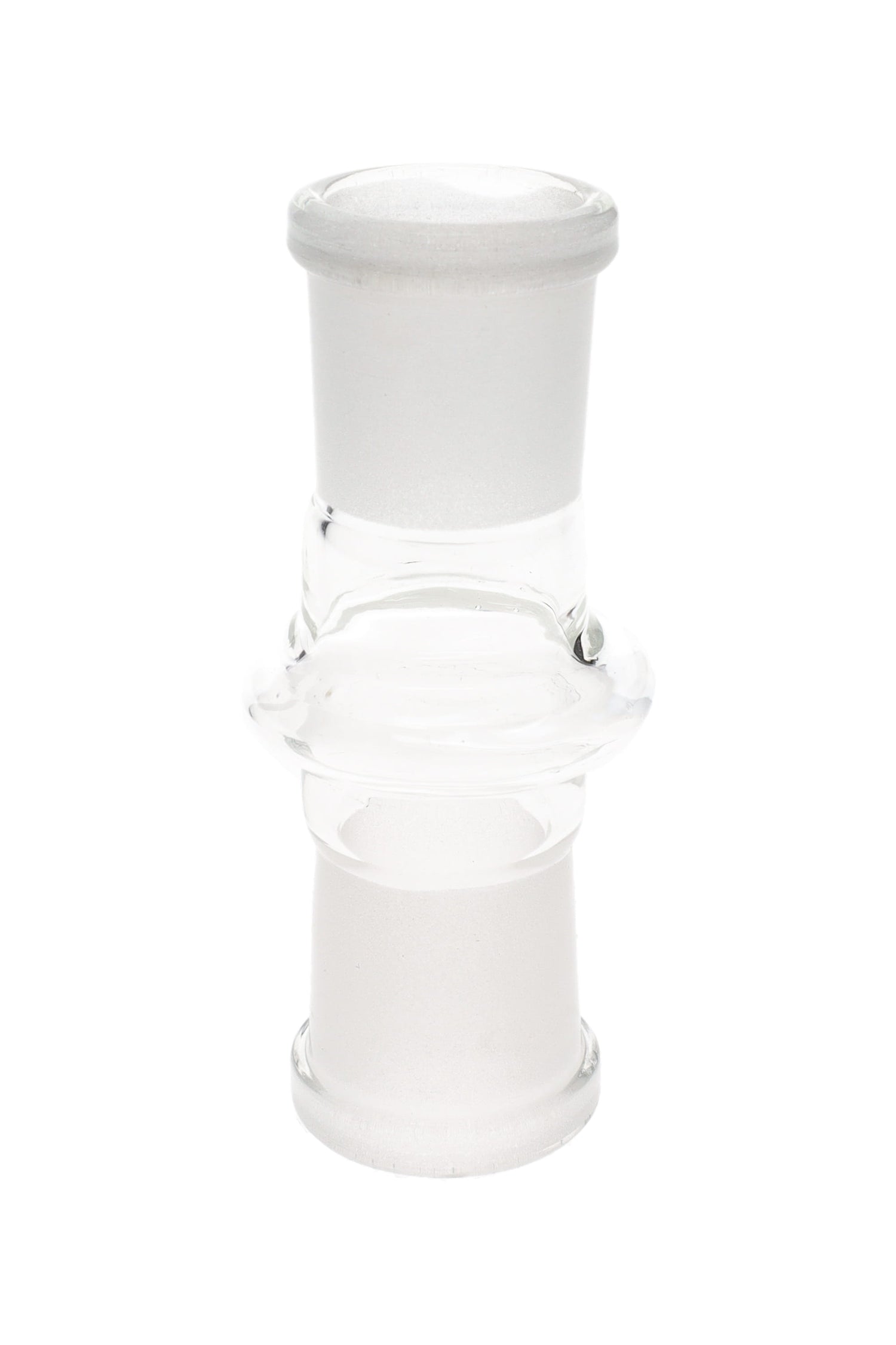 Clear borosilicate 18.8 mm female-to-female glass adapter with frosted ground joints and center grip ring shown upright on white background.