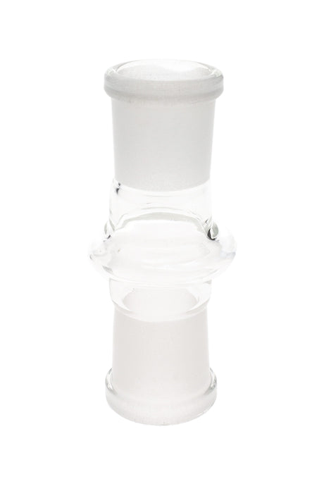 Clear borosilicate 18.8 mm female-to-female glass adapter with frosted ground joints and center grip ring shown upright on white background.