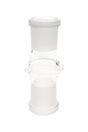 Clear borosilicate 18.8 mm female-to-female glass adapter with frosted ground joints and center grip ring shown upright on white background.