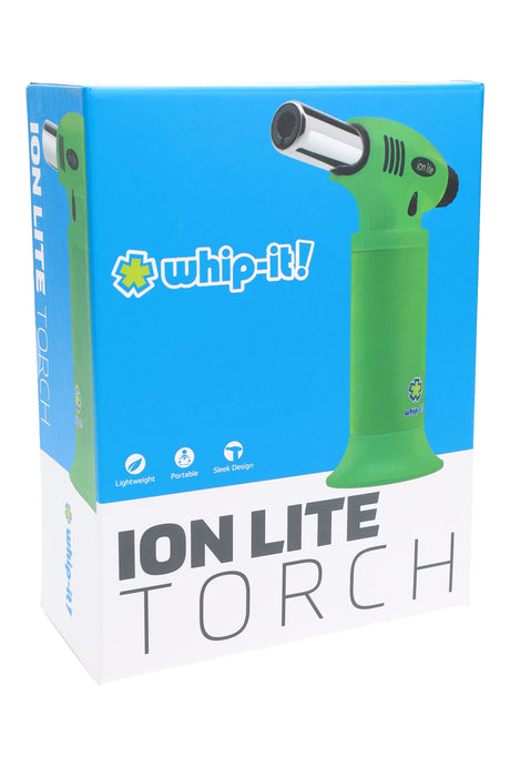 Ion Lite torch bright green variant on box; lightweight portable torch lighter for concentrate rigs, front angle.