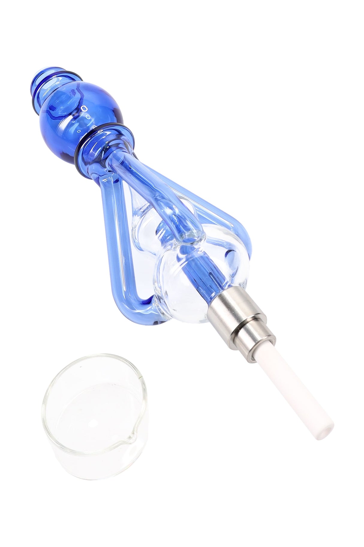 Blue recycler dab straw with ceramic tip and included glass dish; travel-friendly 9-inch design.