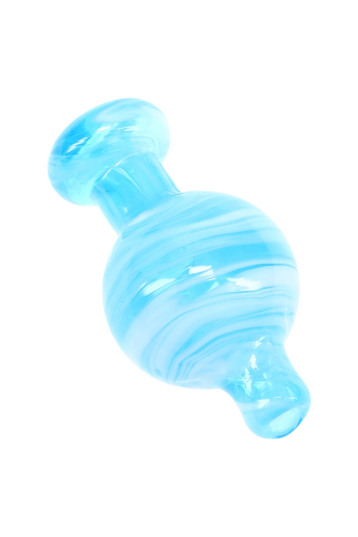 Light blue striped bubble carb cap with flared grip and tapered tip, glass accessory for managing airflow on bangers.
