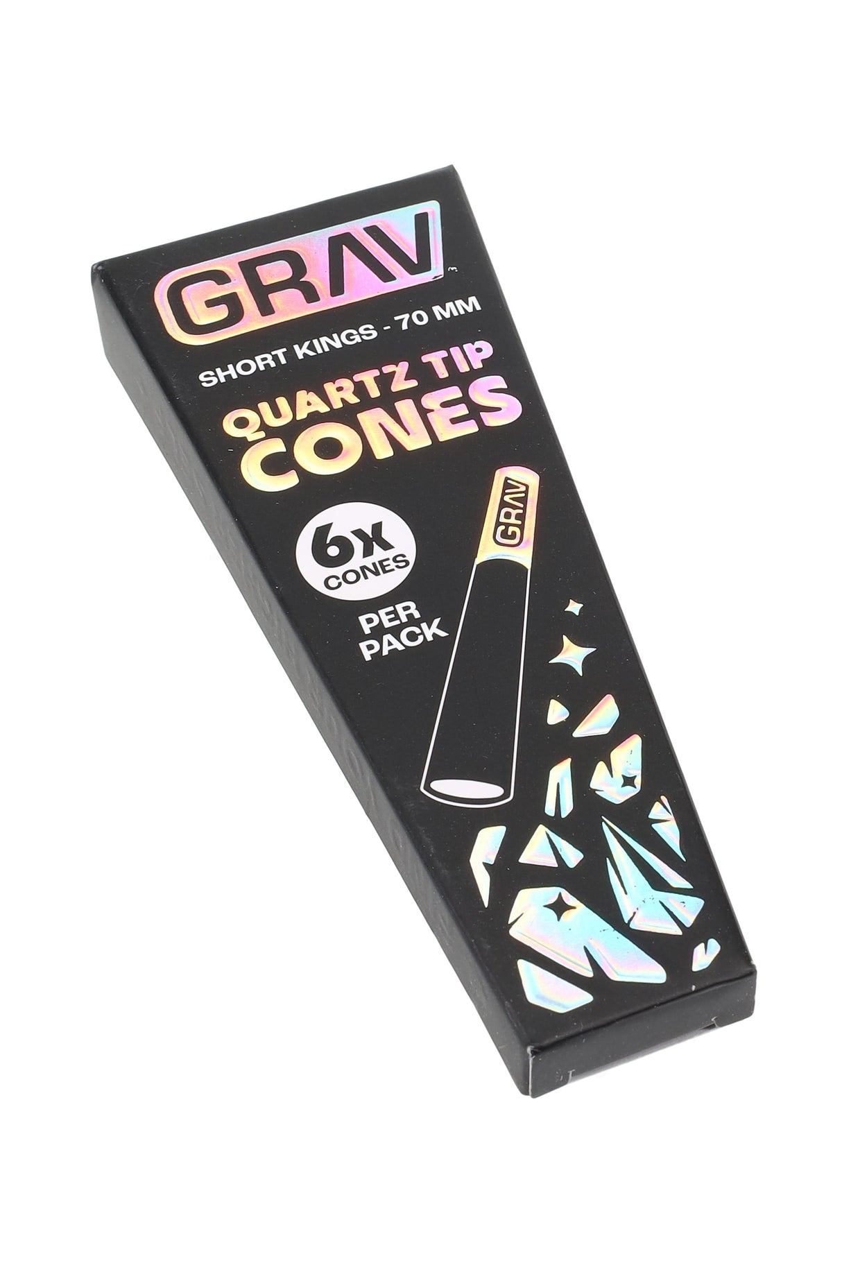 Single GRAV Short Kings quartz tip cones pack, natural paper; slim carton labeled 6x cones per pack.