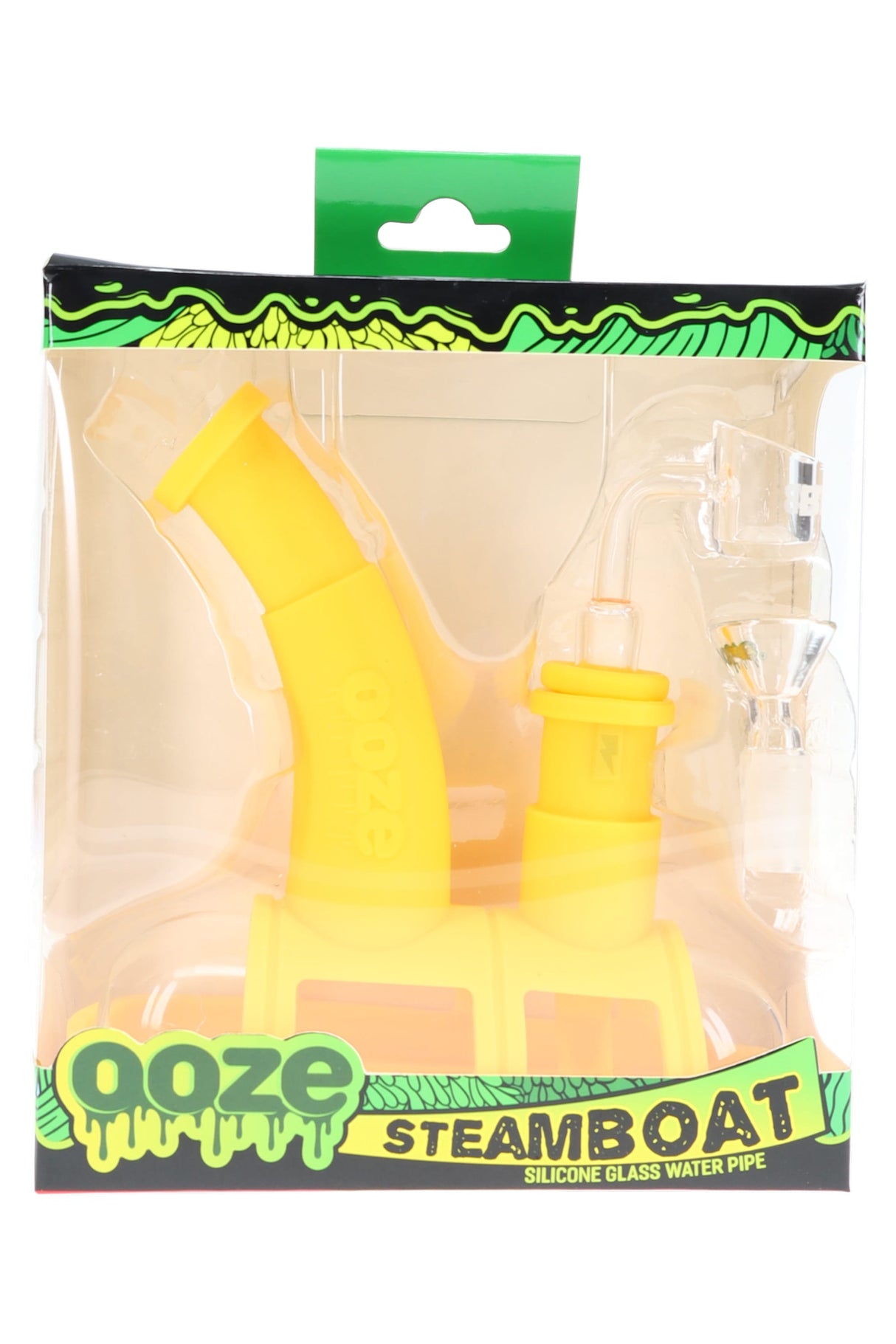 Ooze Steamboat silicone glass water pipe in bright yellow, packaged with quartz banger and 14 mm herb bowl in display box.
