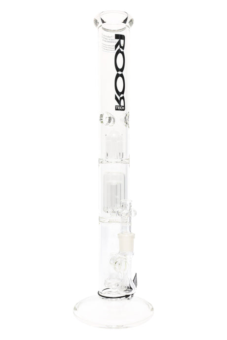 Clear ROOR Tech straight tube with black ROOR Tech logo, multi-perc stack, triple ice pinch, 18" 5 mm GOG bowl.