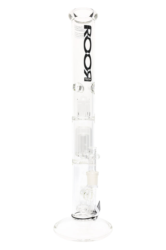 Clear ROOR Tech straight tube with black ROOR Tech logo, multi-perc stack, triple ice pinch, 18" 5 mm GOG bowl.