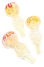 4-inch silver-fumed glass spoon pipe with spiral ribbon design, rounded bowl, and side carb, shown in assorted honey-toned colors.