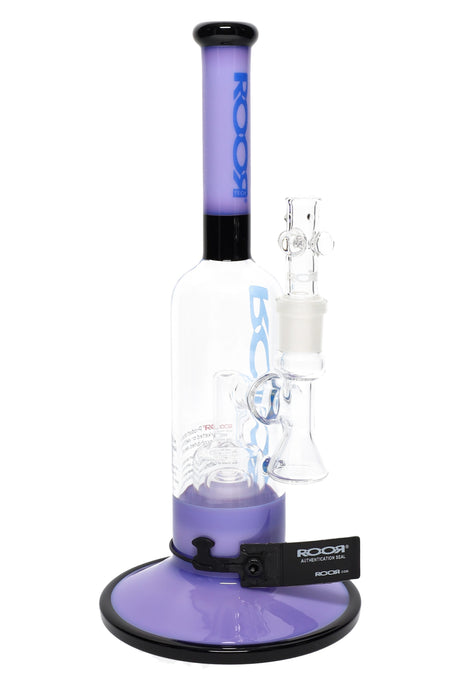 ROOR Tech 12″ multicolor stemless straight tube bong with barrel perc, 18.8 mm female joint, reinforced intake, purple mouthpiece and matching wide base.