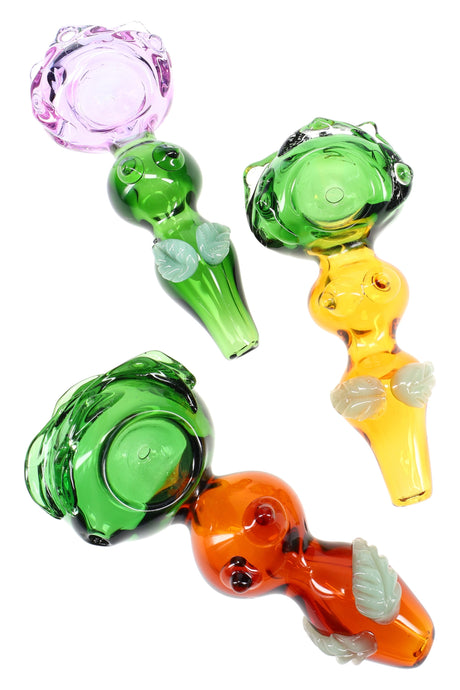 4½″ multicolored glass spoon pipe with sculpted leaf grips and side carb, shown in assorted colors.