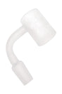 Frosted flat-top 14.5 mm male quartz banger with etched pattern on bucket and 90-degree neck, shown on white background.