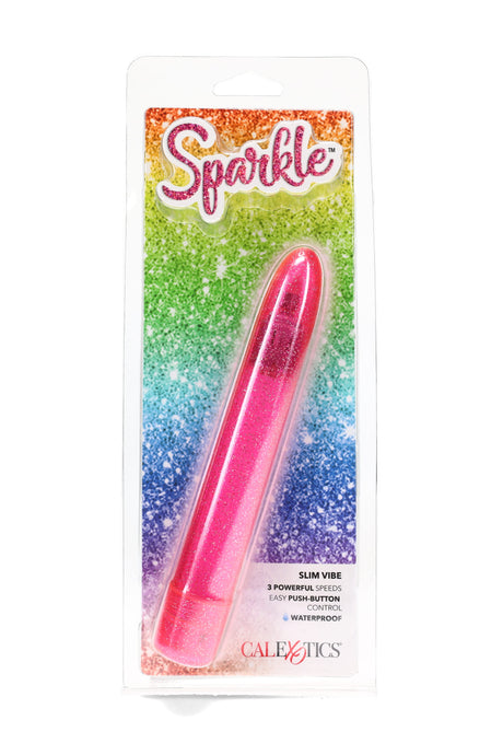 Pink glitter Sparkle slim vibe in clear retail packaging; highlights 3 speeds, waterproof build, and easy push-button control in a tapered shape.