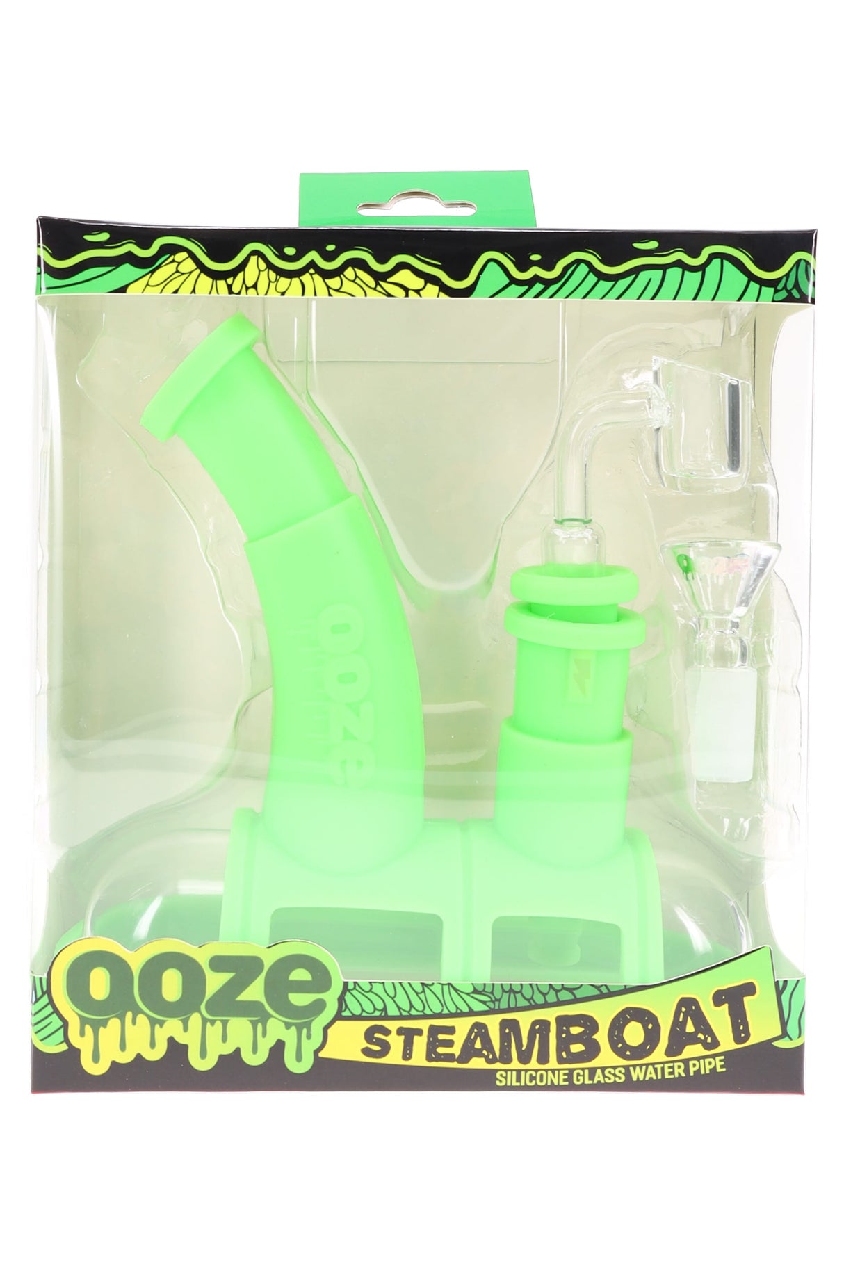 Ooze Steamboat silicone glass bubbler in slime green, boxed with 14 mm banger and glass bowl; hybrid submarine-style design.
