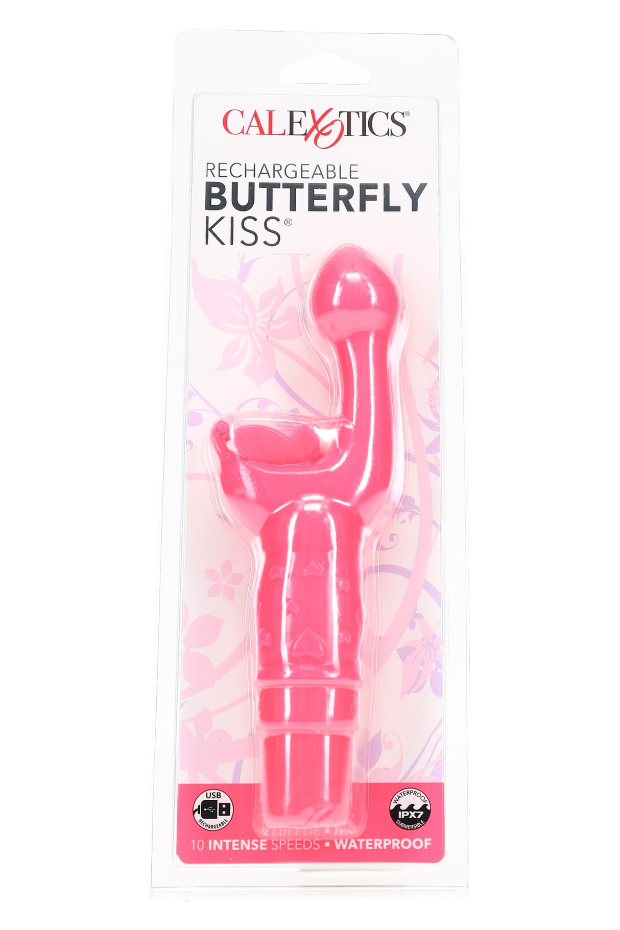 Pink Rechargeable Butterfly Kiss G-spot vibrator in retail packaging; butterfly stimulator, 10 speeds, USB rechargeable, IPX7 waterproof.