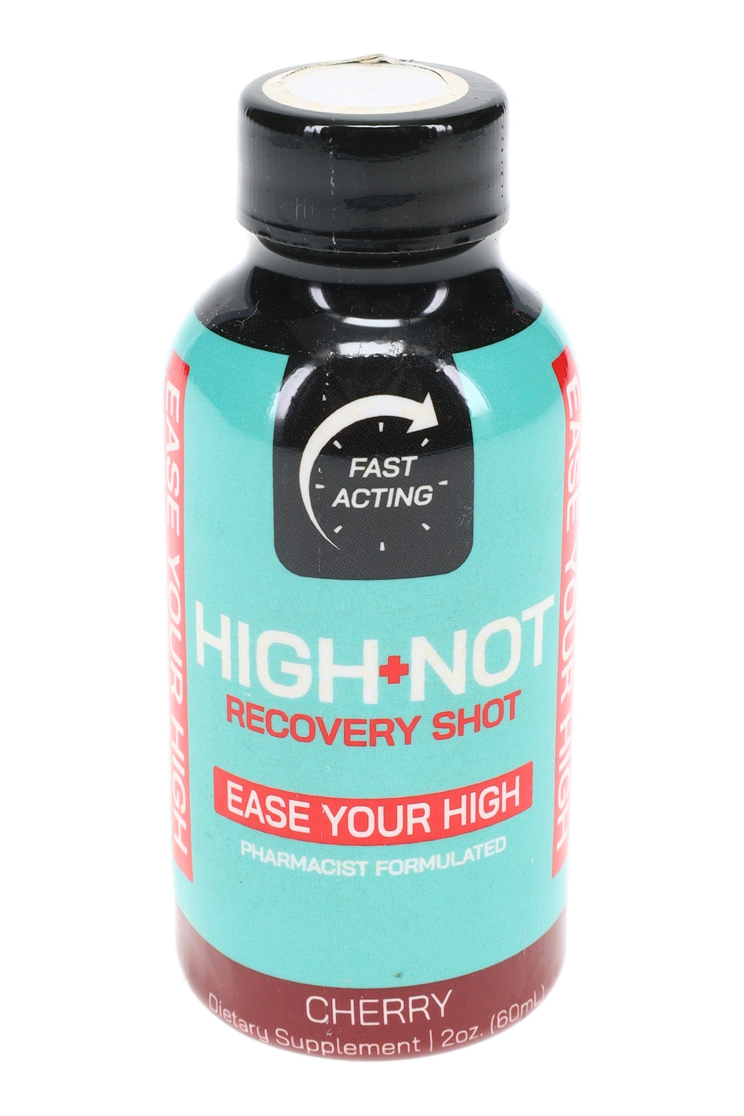 High-Not Recovery Shot cherry flavor, compact 2-oz bottle featuring fast-acting icon and “Ease Your High” branding.