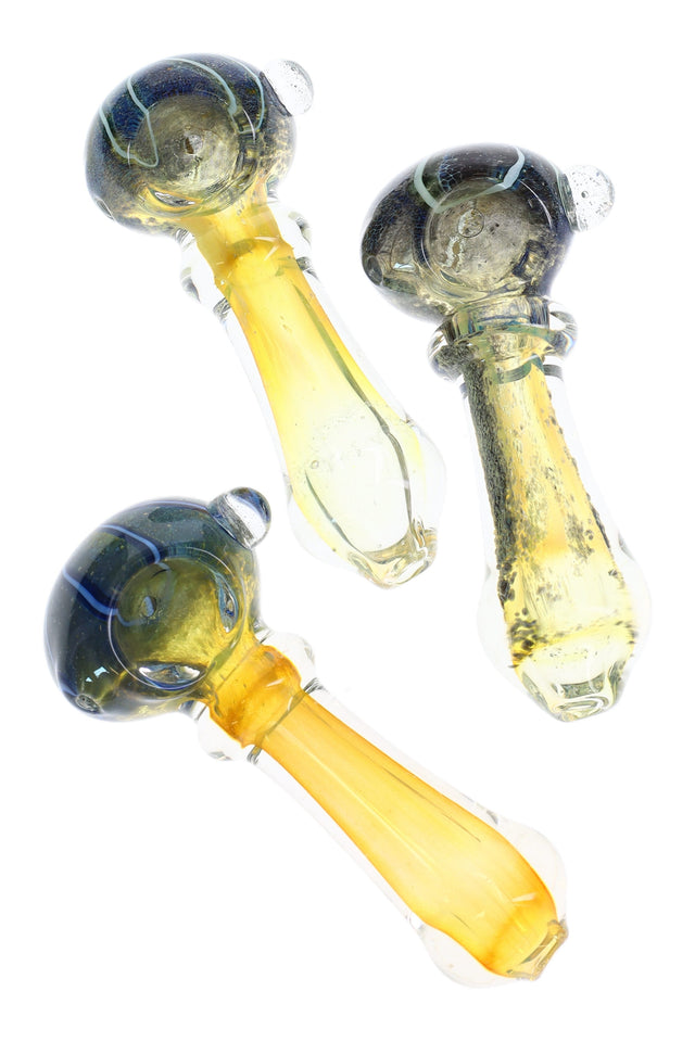 4″ color-changing glass hand pipe with frit sparkle, striped bowl accent, and ringed grip; compact spoon style in assorted colors.