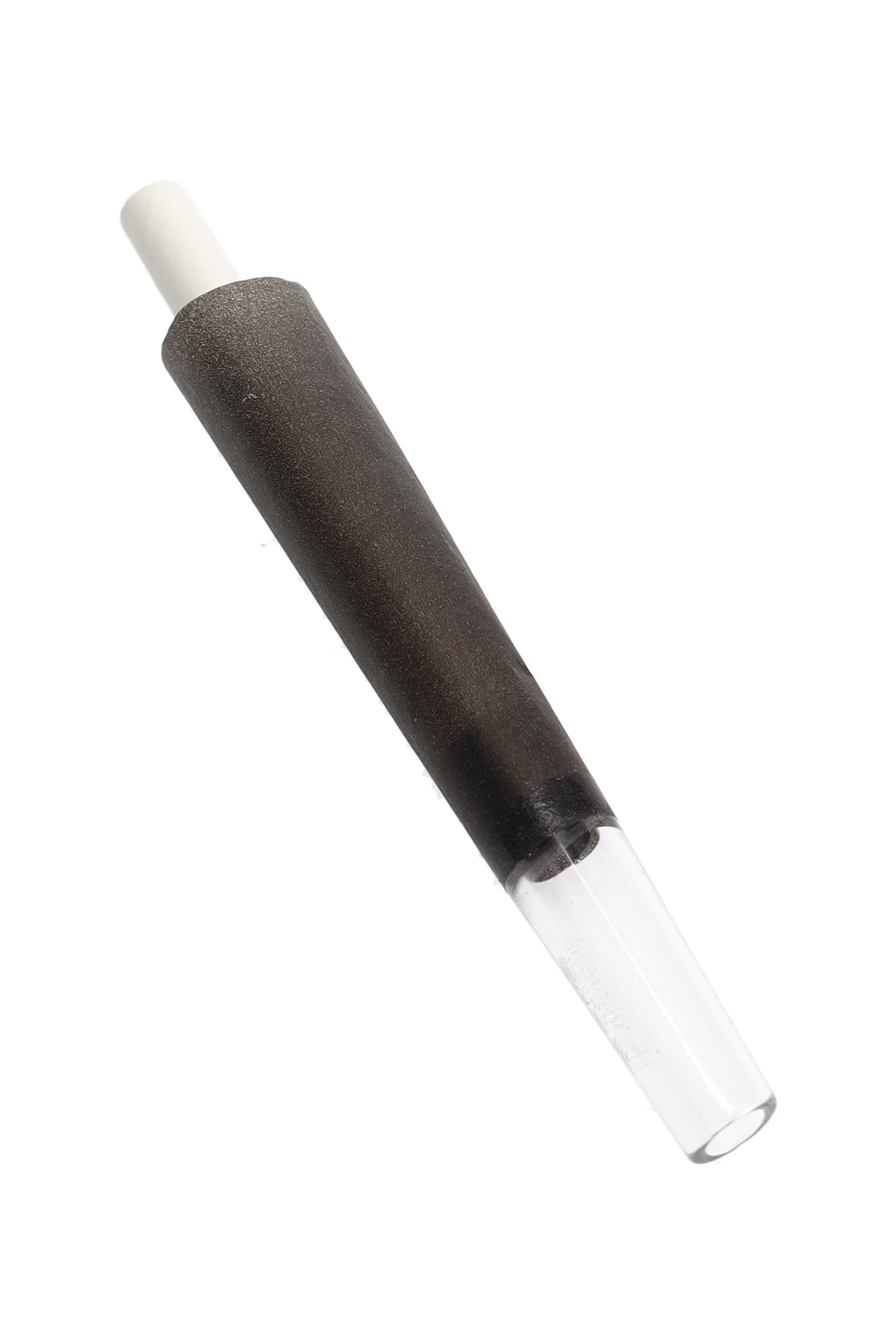 Close-up of black 70 mm quartz tip cone with glass filter and packing straw; compact size for quick sessions.