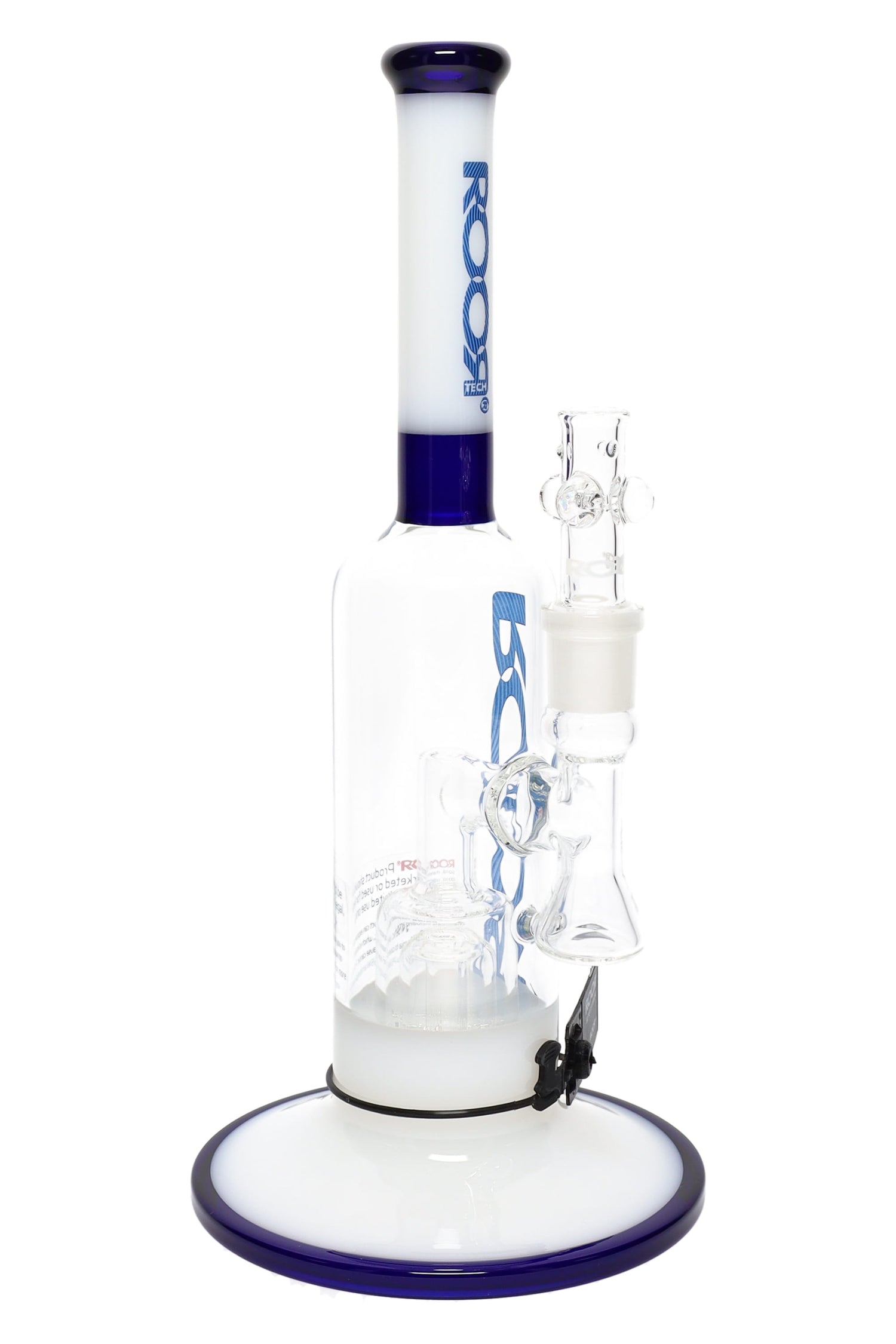 ROOR Tech 12″ straight tube bong, stemless design with barrel perc, clear body, 18.8 mm GoG joint, white-and-blue mouthpiece and color-accented base.