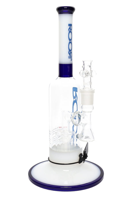 ROOR Tech 12″ straight tube bong, stemless design with barrel perc, clear body, 18.8 mm GoG joint, white-and-blue mouthpiece and color-accented base.