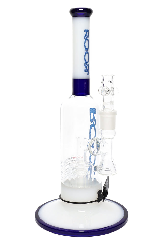 ROOR Tech 12″ straight tube bong, stemless design with barrel perc, clear body, 18.8 mm GoG joint, white-and-blue mouthpiece and color-accented base.