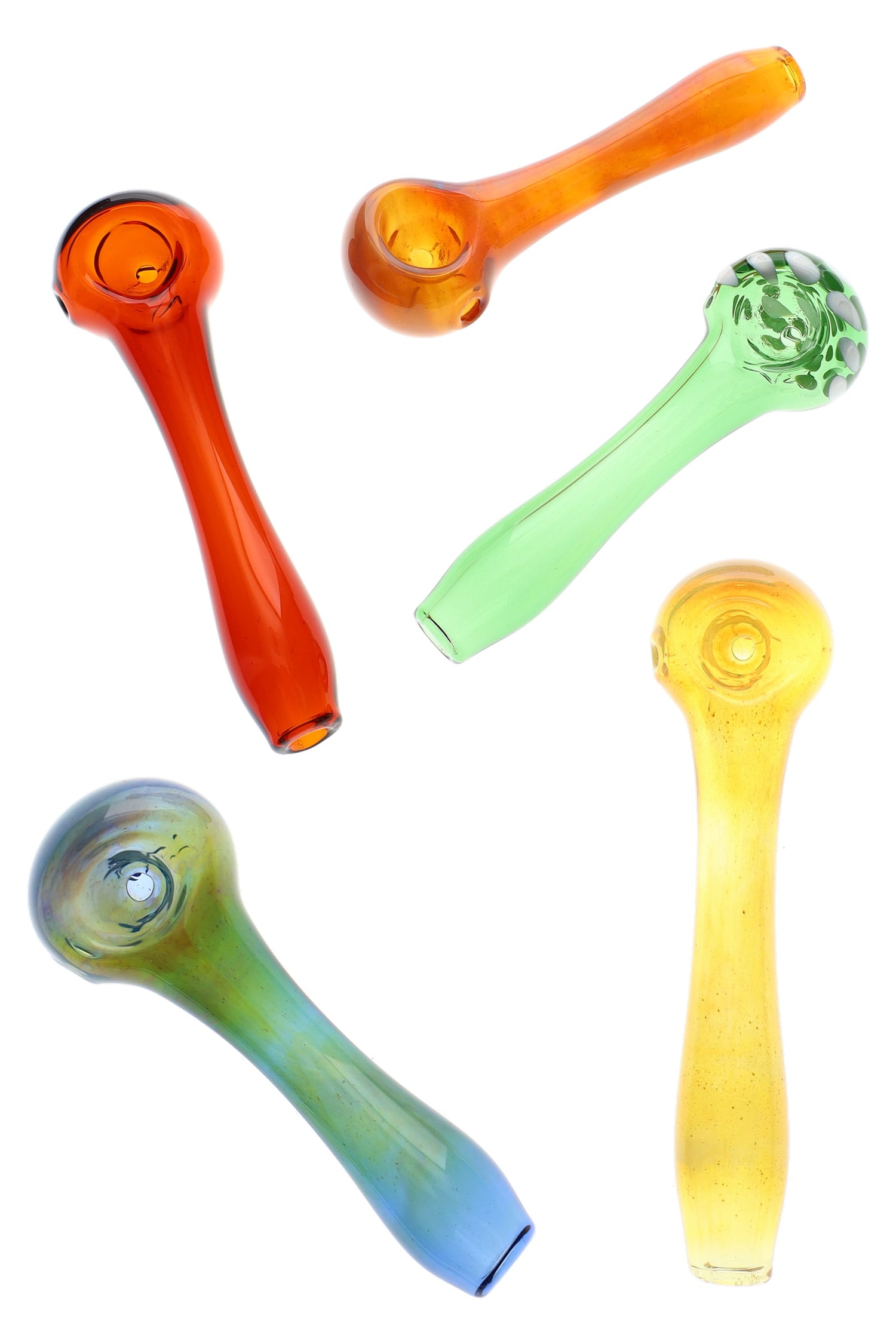 Set of five 3½-inch US-made colored glass spoon pipes with deep bowls and side carbs in assorted solid hues on a white background.