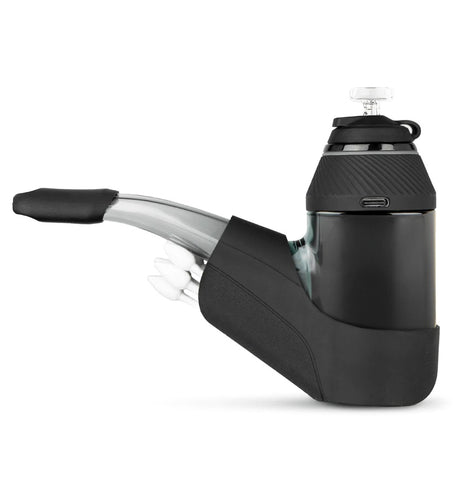 Puffco Proxy Travel Pack in Black installed on device, showing backpack storage, mouthpiece cover, and tethered glass ball cap.