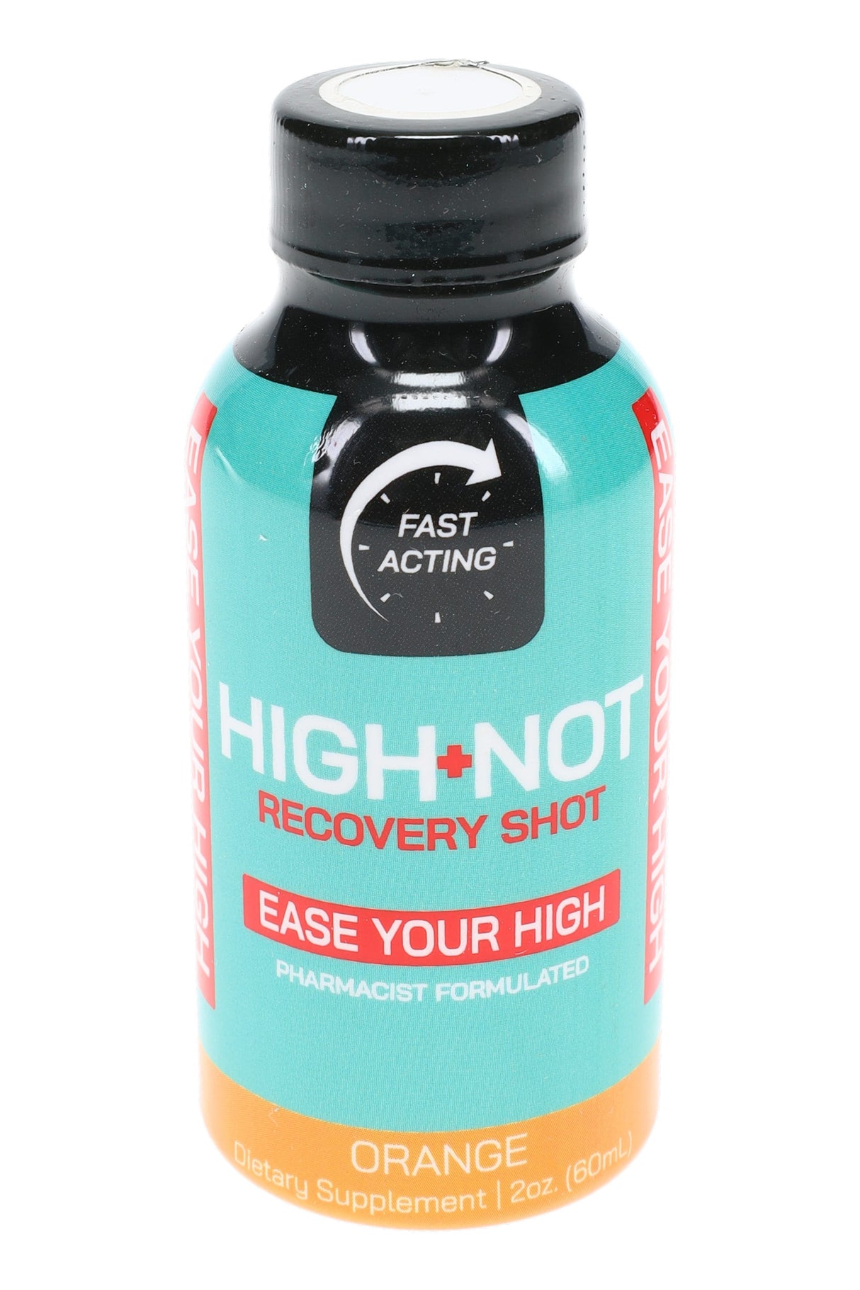 High-Not Recovery Shot orange flavor, 2-oz fast-acting supplement bottle with “Ease Your High” label and pharmacist-formulated callout.