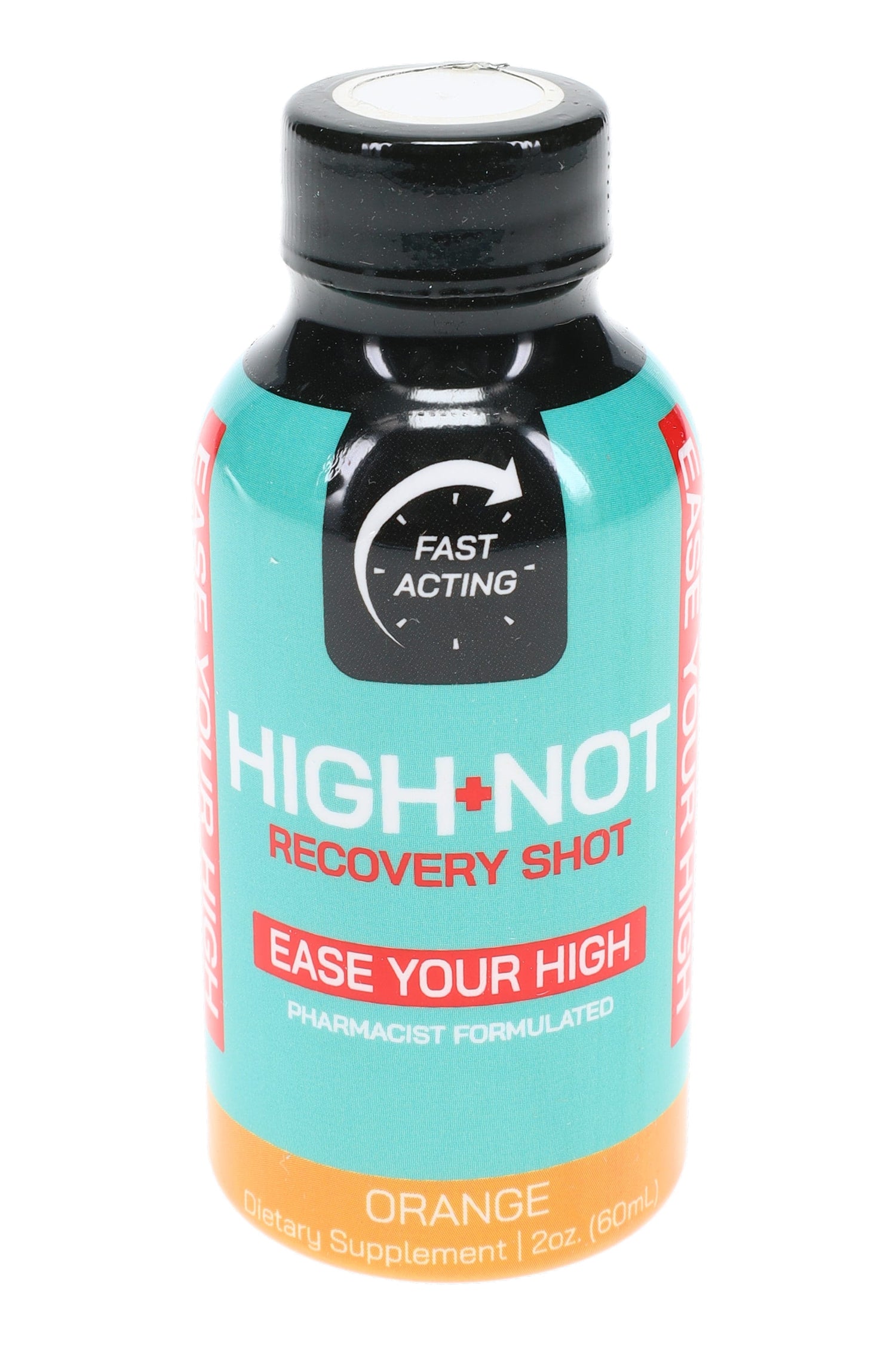 High-Not Recovery Shot orange flavor, 2-oz fast-acting supplement bottle with “Ease Your High” label and pharmacist-formulated callout.