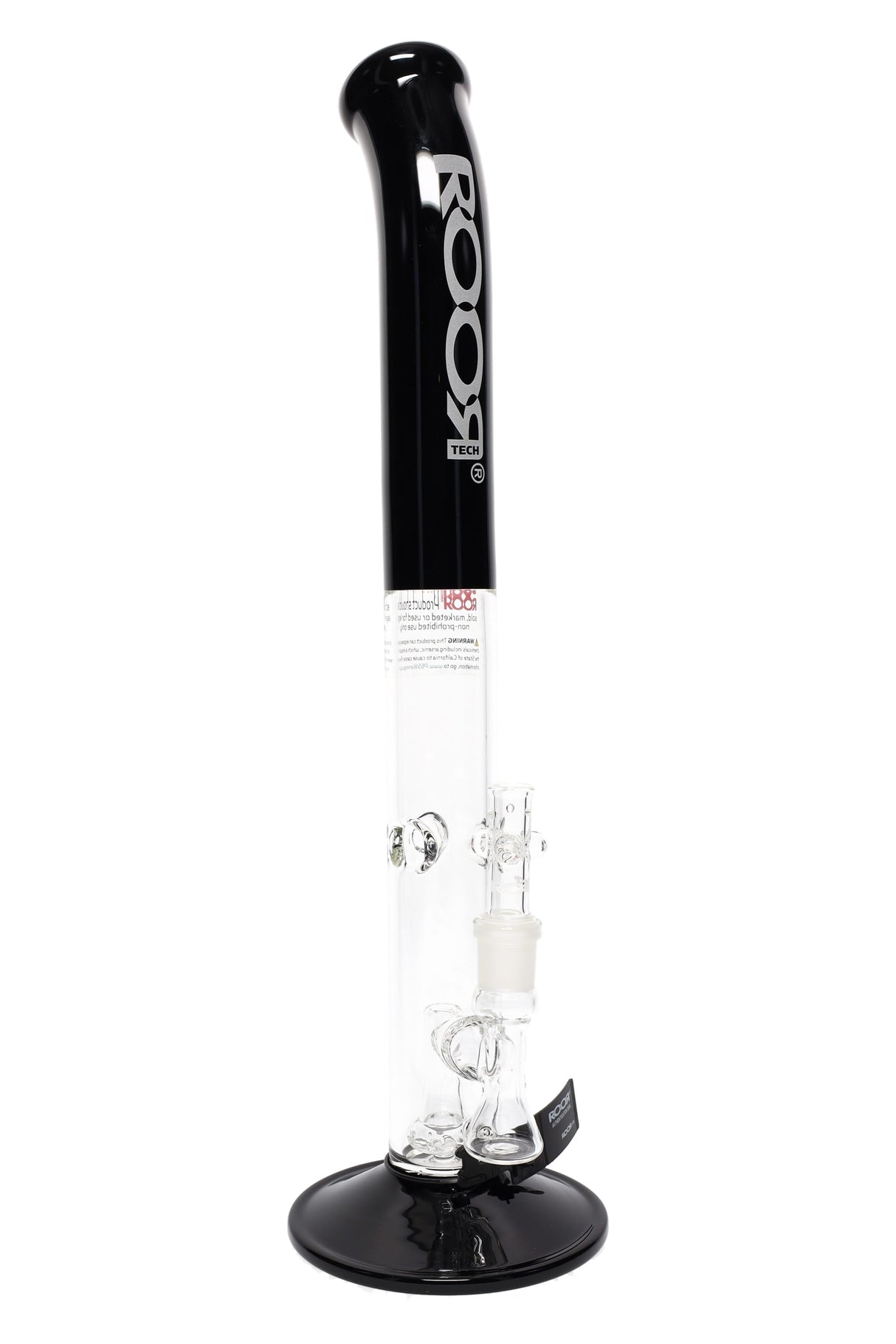 ROOR Tech 18″ bent-neck straight tube bong with stemless 18.8 mm joint, clear chamber, flared lip, and glossy black mouthpiece and base.