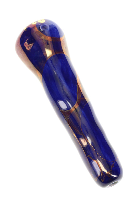 Royal blue 4-inch ceramic chunky bat one-hitter with bronze marbling and flared bowl end, polished finish.