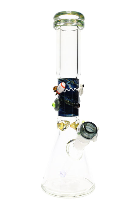 Front view of 14-inch Galactic beaker glass bong showcasing clear base, removable downstem and shimmering dichroic neck wrapped in planets and astronaut accents.