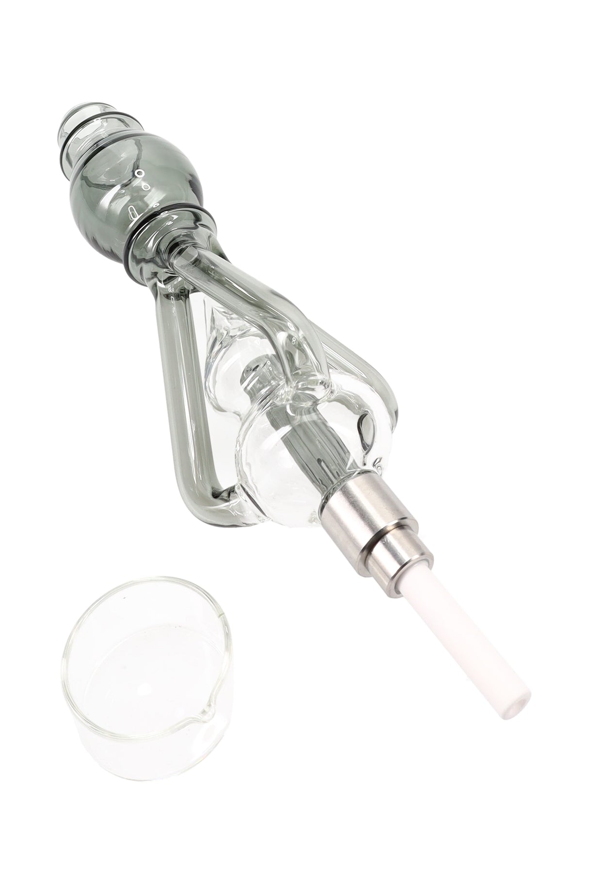 Grey-tinted recycler dab straw with ceramic tip and matching glass dish; compact 9-inch concentrate kit.