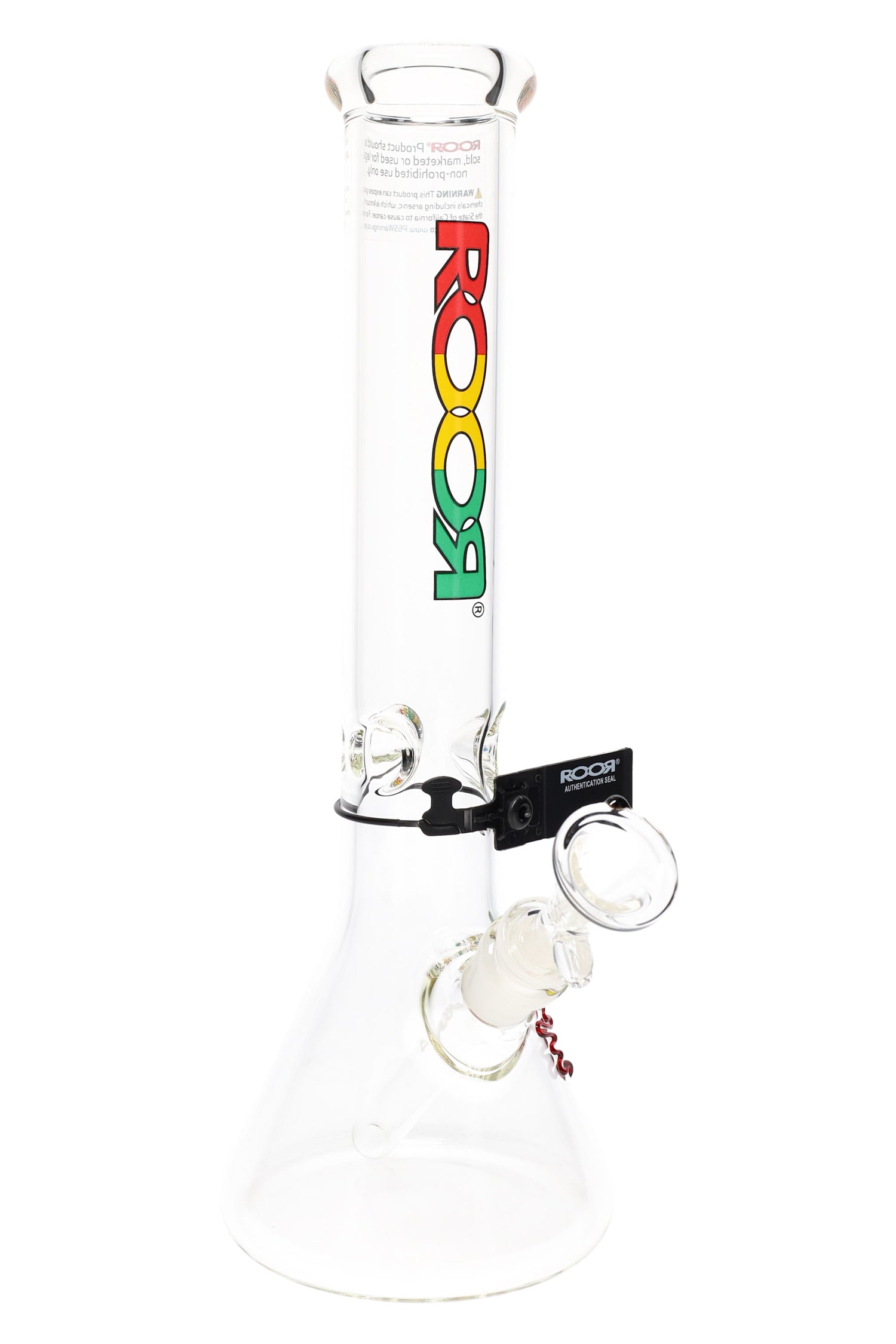 Clear ROOR 5 mm beaker bong with rasta red-gold-green ROOR logo, glass-on-glass downstem and bowl, ice pinch.