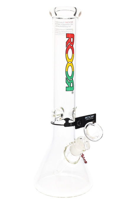 Clear ROOR 5 mm beaker bong with rasta red-gold-green ROOR logo, glass-on-glass downstem and bowl, ice pinch.