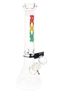 Clear ROOR 5 mm beaker bong with rasta red-gold-green ROOR logo, glass-on-glass downstem and bowl, ice pinch.