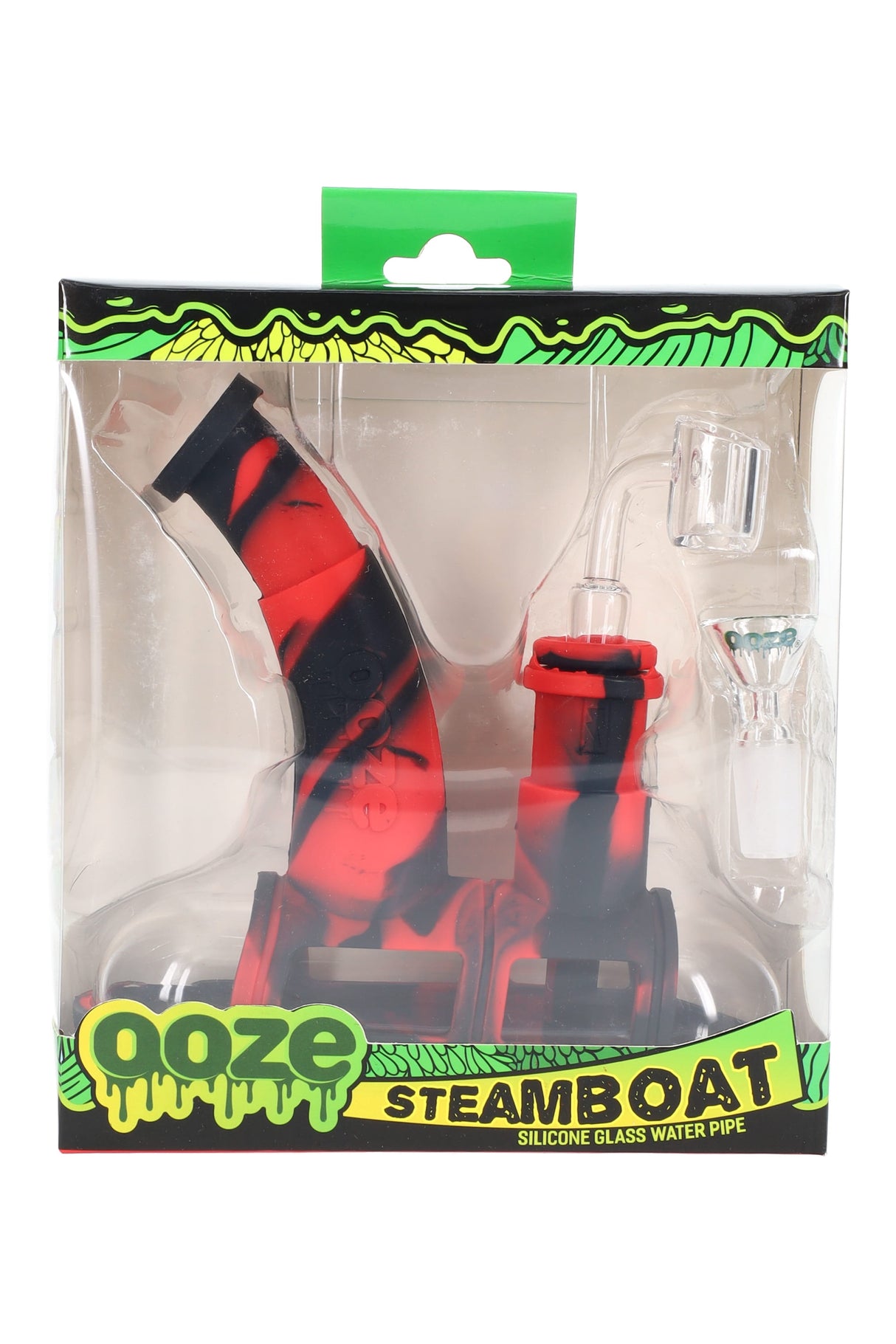 Ooze Steamboat silicone glass bubbler dab rig in lava black-red, boxed with quartz banger and 14 mm glass bowl accessory.