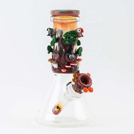 Front view of US-made Empire Glassworks redwood baby beaker with artful tree wrap and clear beaker chamber.