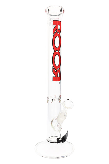 Clear ROOR 18-inch straight tube bong with red outline ROOR logo, glass-on-glass downstem and bowl, ice pinch.
