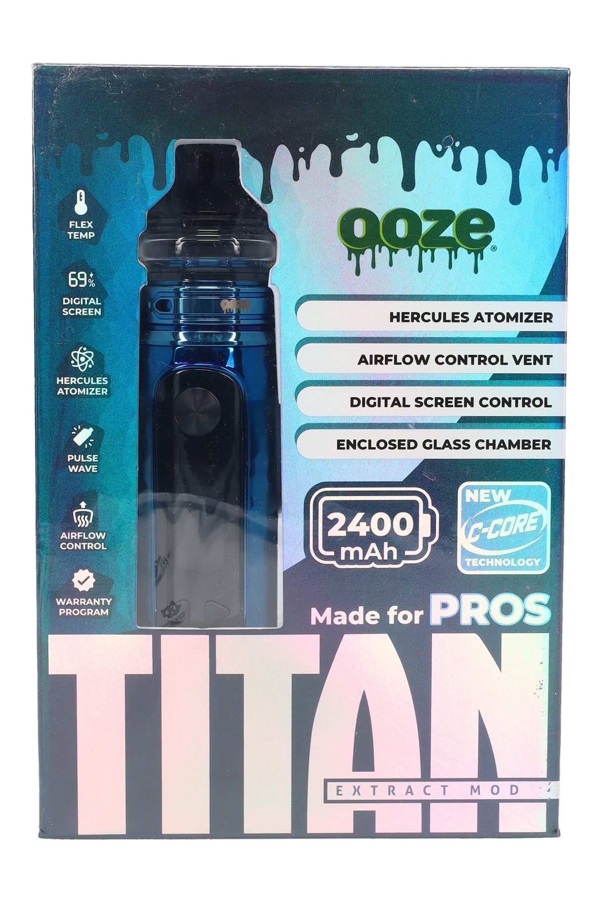 Blue Ooze Titan box emphasizing airflow control, digital screen, Hercules atomizer, and 2400 mAh battery for wax extracts.
