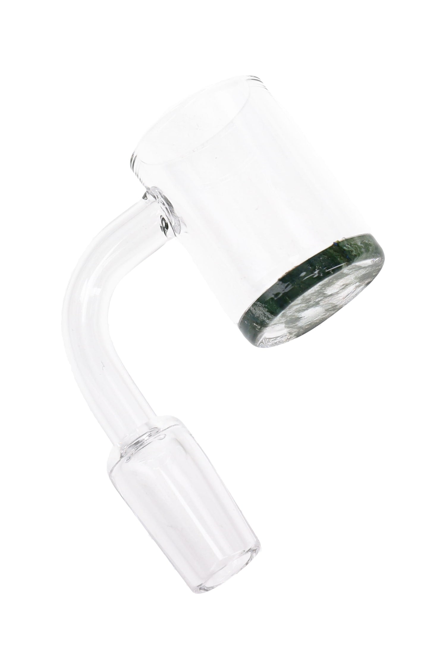 Domeless quartz 14.5 mm male 90° banger with colored bottom, fits 14.5 mm female rigs for concentrate dabs; clear, durable quartz design.