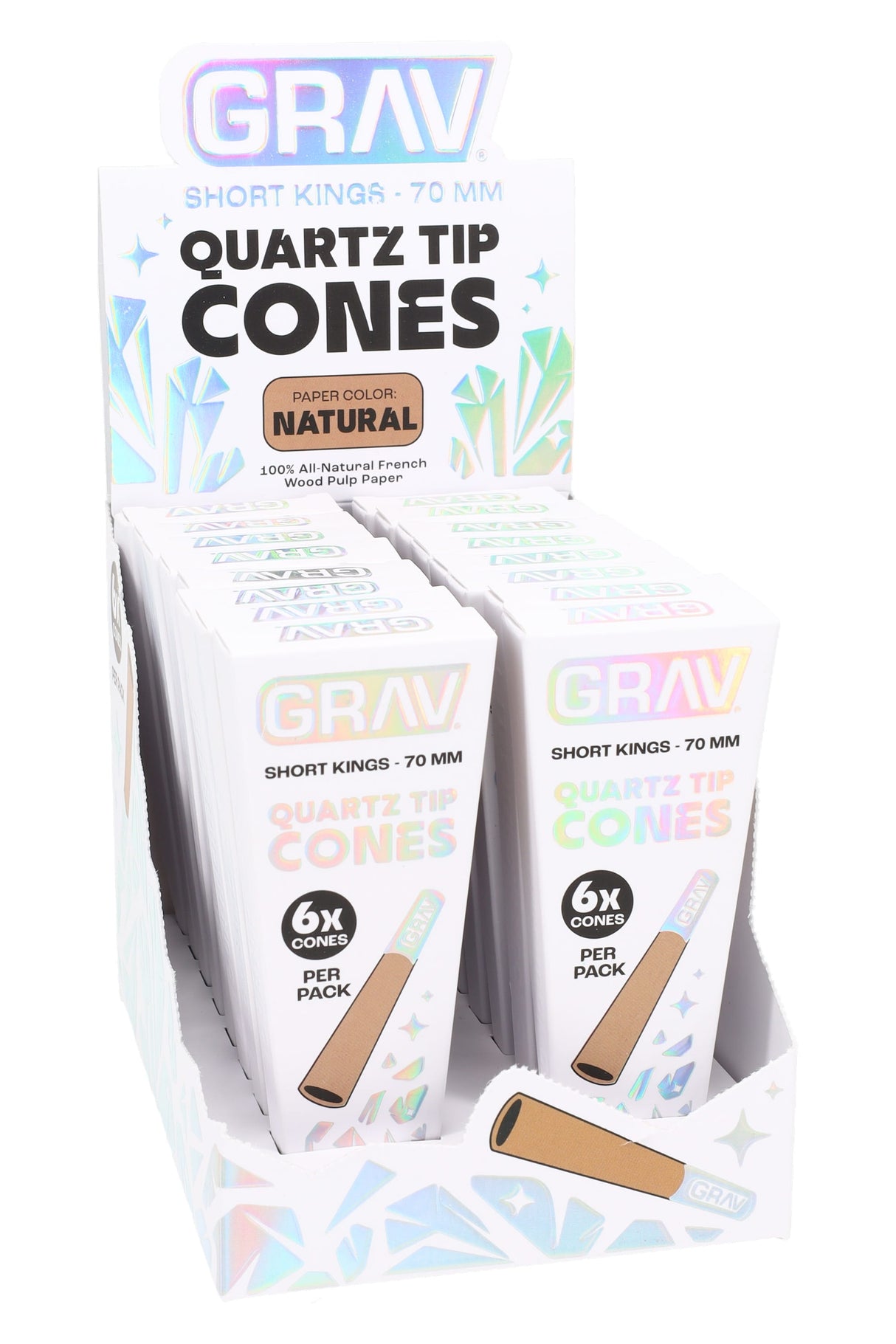 GRAV Short Kings quartz tip cones display, natural paper; 16 packs shown, each pack contains six 70 mm cones with glass tips.