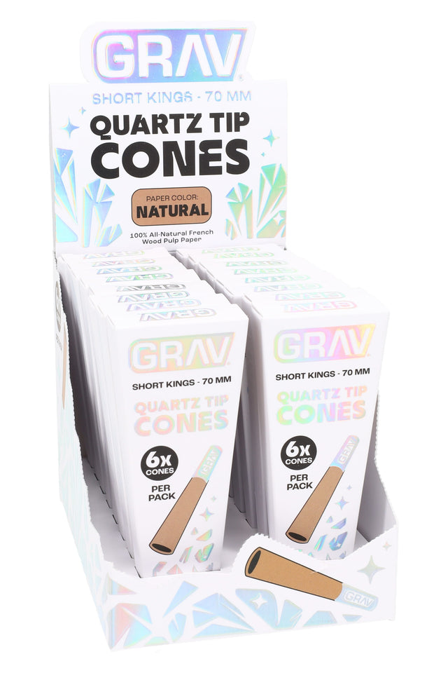 GRAV Short Kings quartz tip cones display, natural paper; 16 packs shown, each pack contains six 70 mm cones with glass tips.