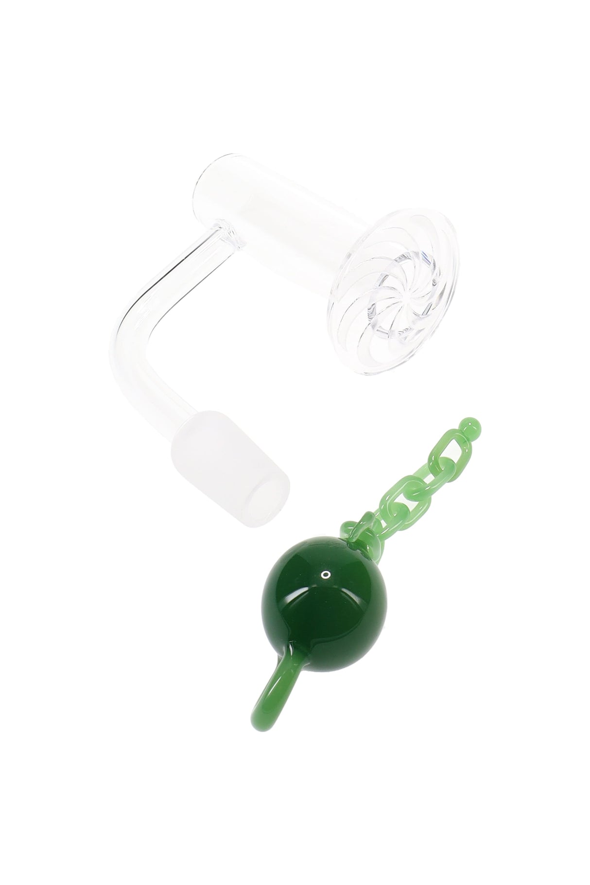 Detail of joint and bucket on quartz terp slurper; 22 mm ball and chain included; compatible solely with 14.5 mm female joints.