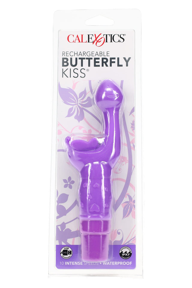 Purple Rechargeable Butterfly Kiss G-spot vibrator with butterfly stimulator in retail pack; 10 speeds, USB rechargeable, IPX7 waterproof.