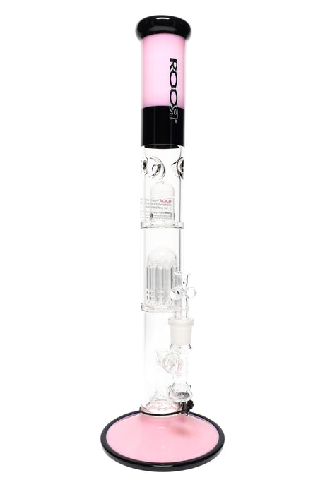 Pink/black ROOR Tech 18″ stemless straight tube bong with multi-perc stack and ice pinch, flat color-accented base and flared mouthpiece.
