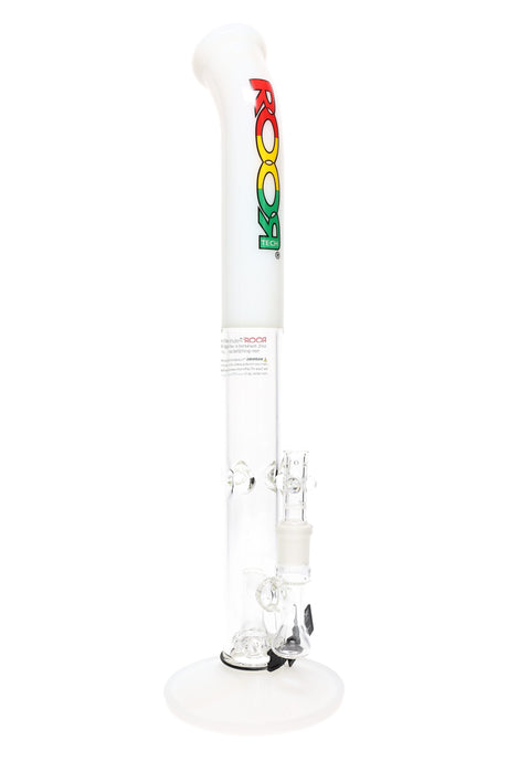 ROOR Tech 18″ stemless bent-neck straight tube bong showing wide flat base, clear body, rasta logo on white mouthpiece, and reinforced joint.